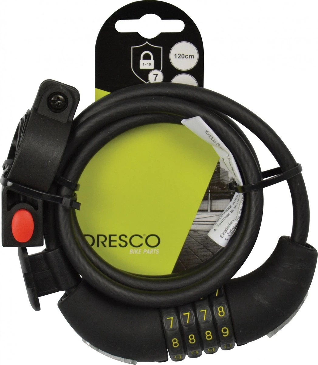 Dresco Kabelslot 120/8 Code - Spiraal/cijferslot - 120cm - Rond 8mm - Met Steun - Zwart