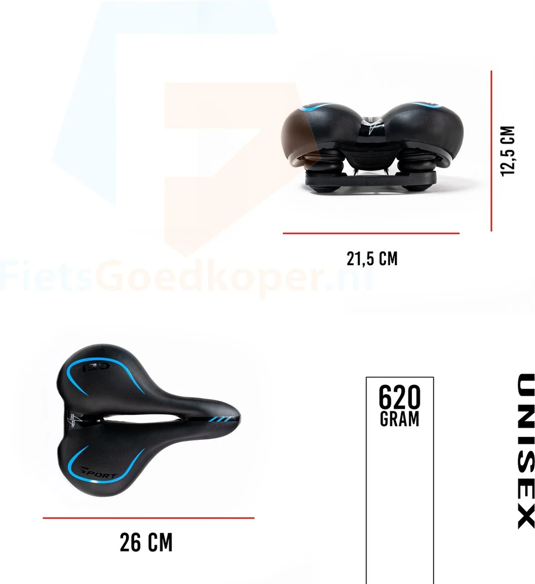 Voltano City / Tour Fietszadel - Comfortabel Gel Zadel - Met Uitsparing - Unisex - Zwart / Blauw - Elastomeren Vering Voor Extra Comfort - Afbeelding 3