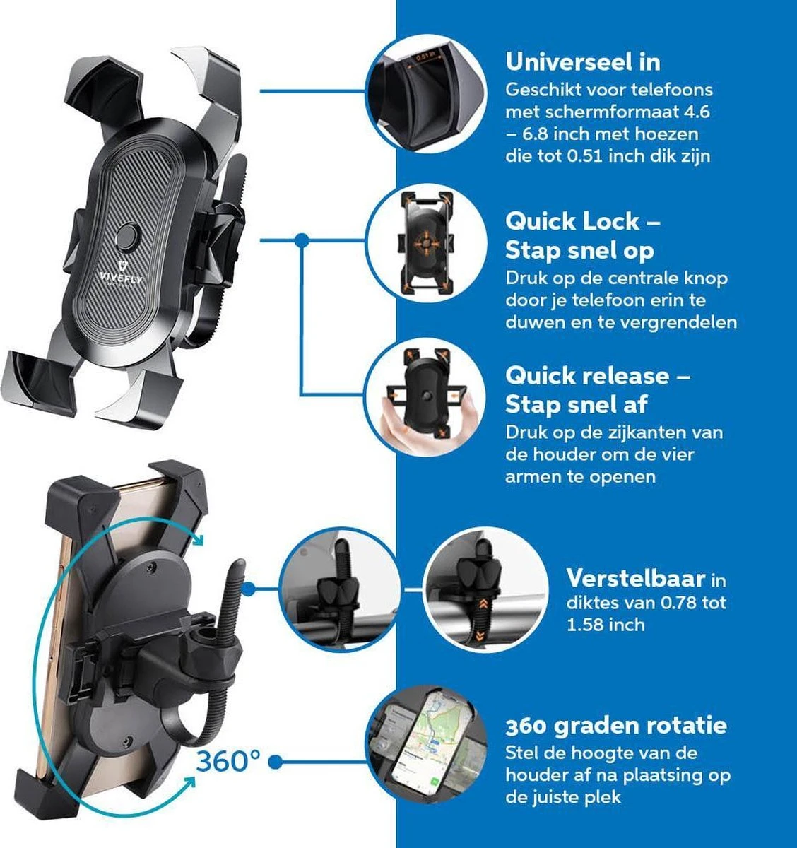 Vivefly Electronics Trustclamp Telefoonhouder Fiets - 360 Graden Rotatie - Geschikt Voor Scooters, Motors, Fietsen En Kinderwagens - Handsfree - GSM Houder - Veilige Grip - Universeel - Afbeelding 7