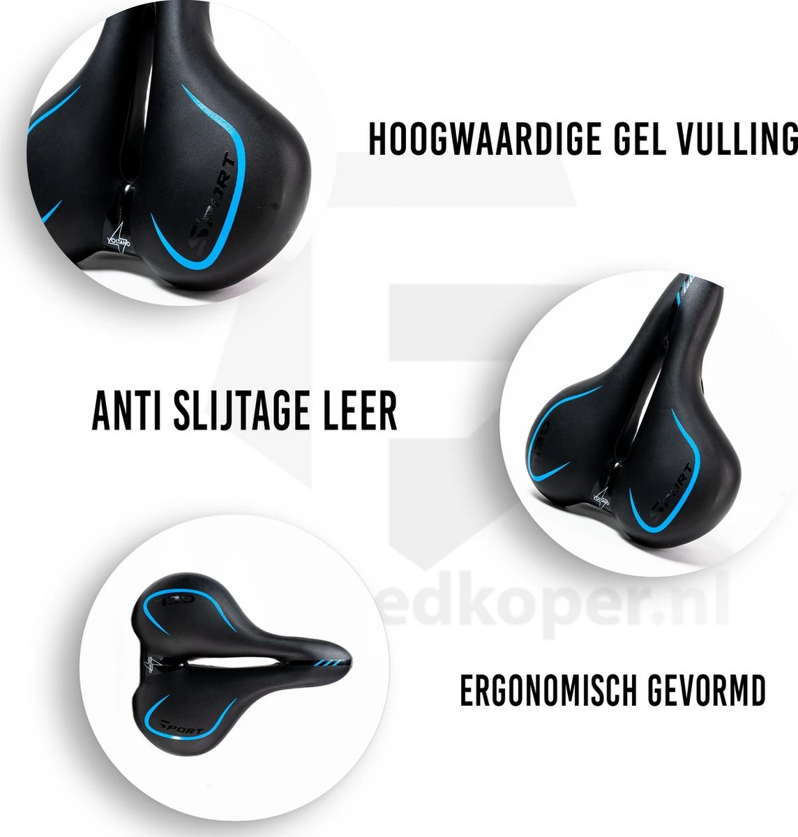 Voltano City / Tour Fietszadel - Comfortabel Gel Zadel - Met Uitsparing - Unisex - Zwart / Blauw - Elastomeren Vering Voor Extra Comfort - Afbeelding 2