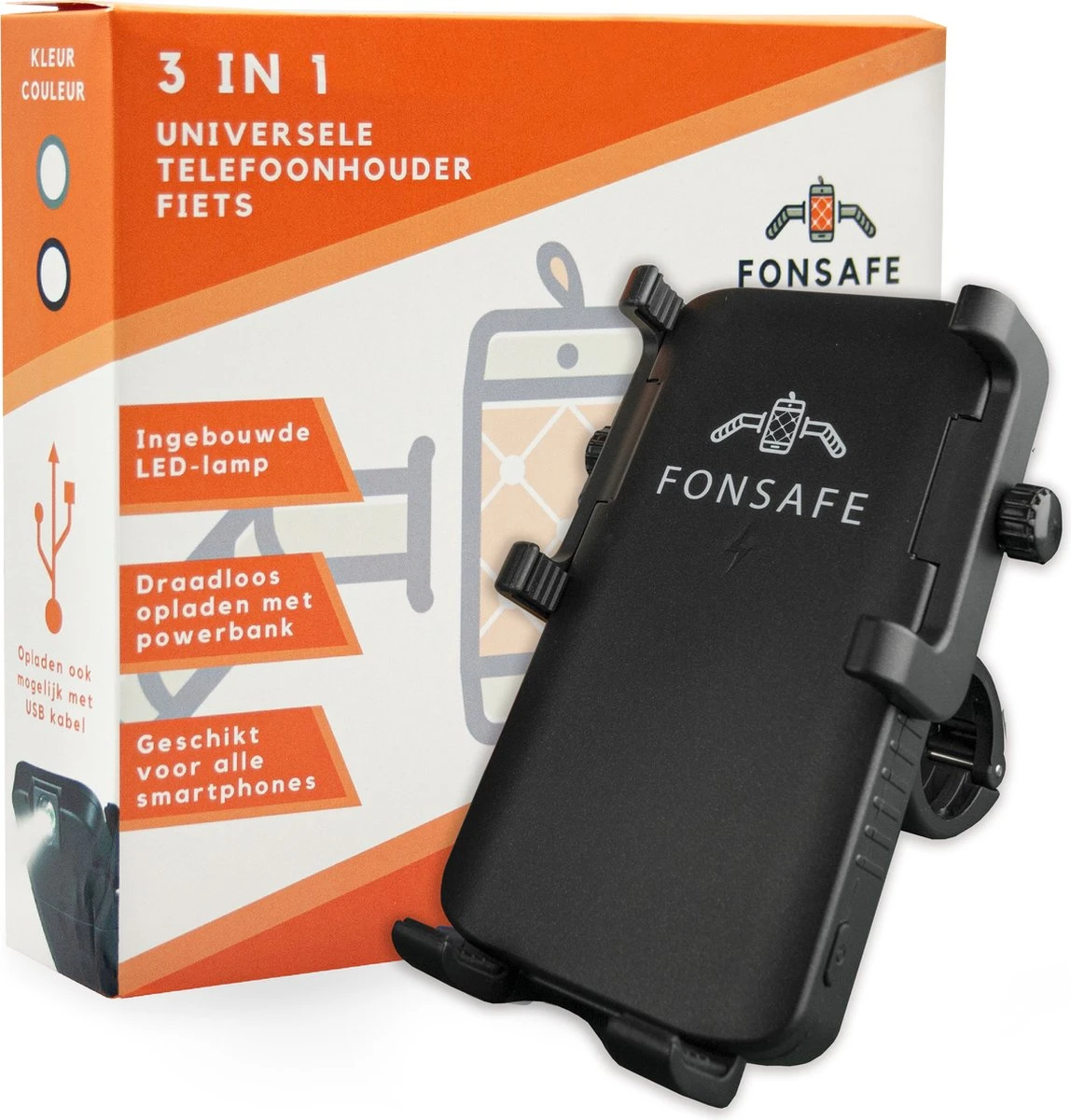 FONSAFE 3 In 1 Telefoonhouder Fiets Met Powerbank En LED Lamp - Universeel Schokbestendig - Fietslamp - Powerbank 5000 MAh – Zwart