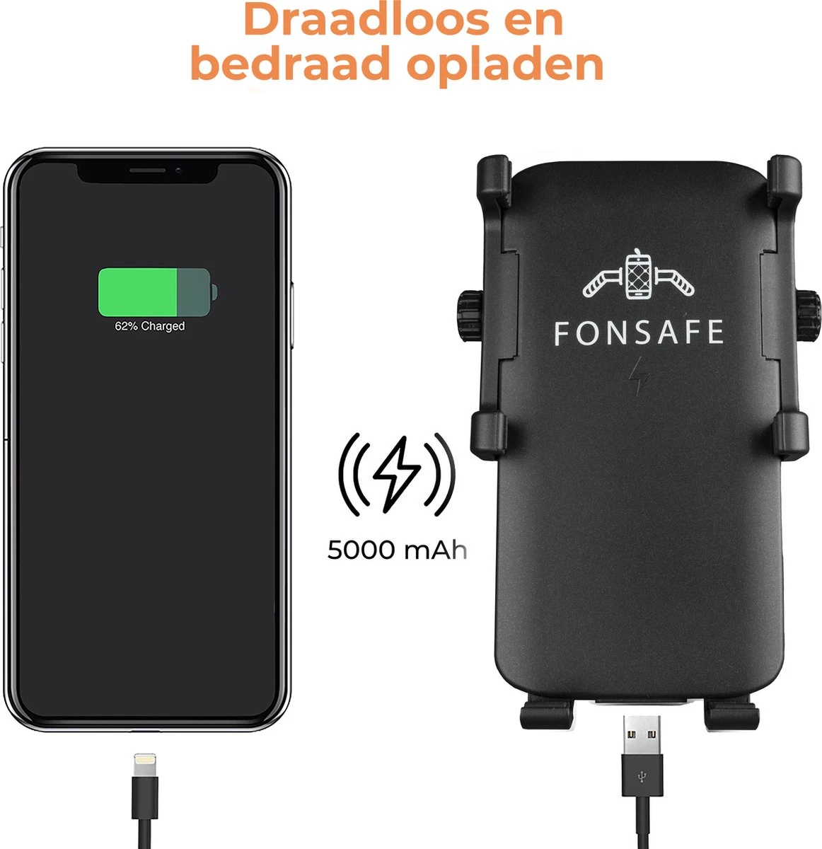 FONSAFE 3 In 1 Telefoonhouder Fiets Met Powerbank En LED Lamp - Universeel Schokbestendig - Fietslamp - Powerbank 5000 MAh – Zwart - Afbeelding 2