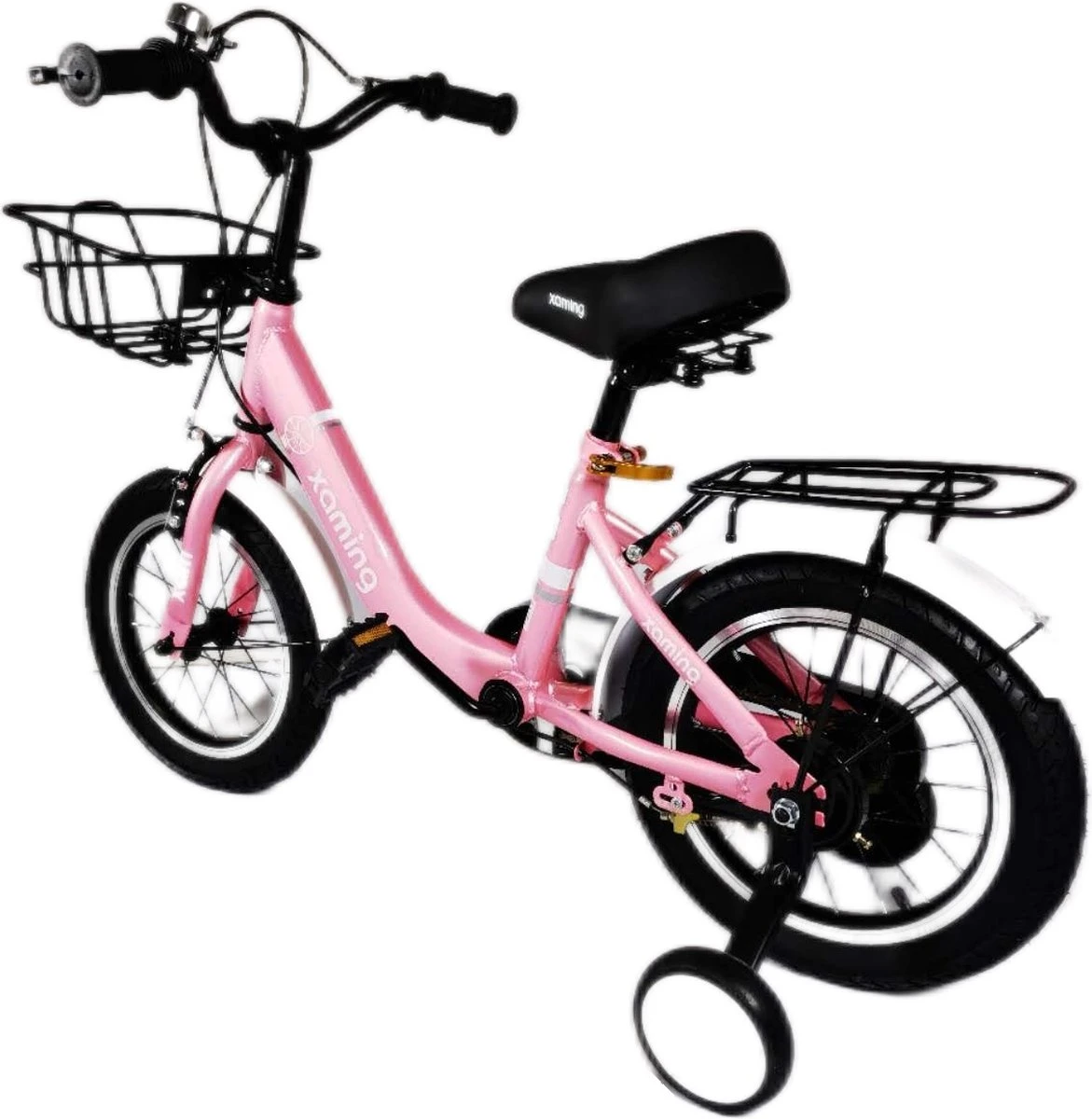 Kinderfiets -14 Inch Kinderfiets -vanaf 3-5 Jaar Jongens En Meisjes Fietsen -Terugtrap -Rem -Stabilisatoren(2 Zijwieltjes)-Mandje - Achterbank-de Bel-Roze - Afbeelding 2