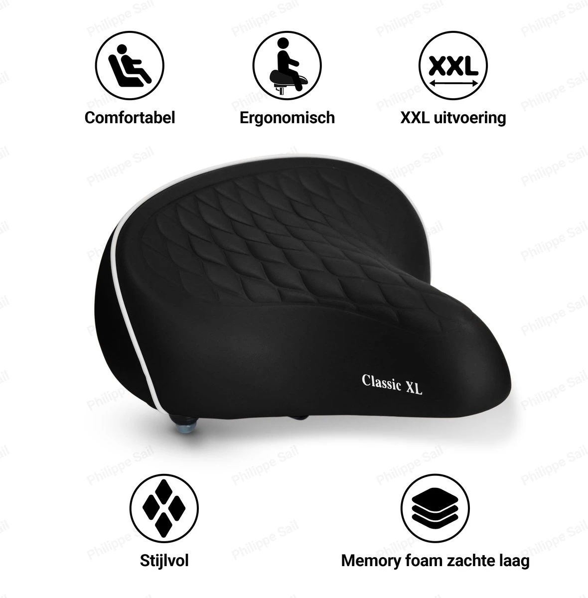 Philippe Sail Fietszadel Black Classic XXL, Stijlvol En Comfortabel Zadel Voor Veel Fietsplezier, Ergonomisch, Groot Zadel, Zacht En Geschikt Voor Alle Fietsen Inclusief Elektrische Fietsen