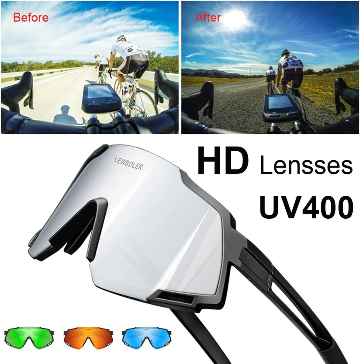 Fietsbril - Sportbril - Racefiets - MTB Mountainbike - 5 Verwisselbare Lenzen En Insert Adapter - Afbeelding 4