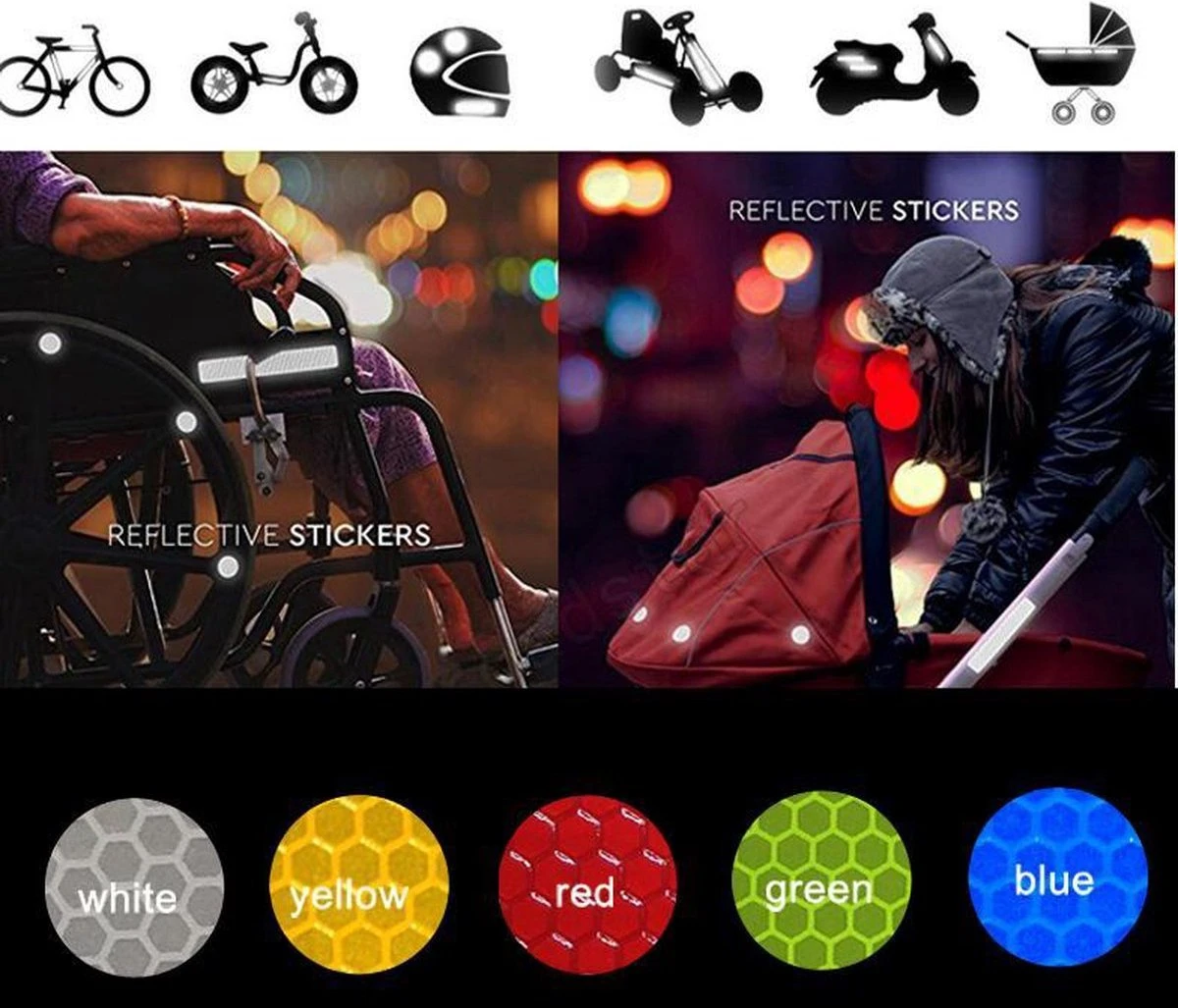 Reflecterende Veiligheids Stickers - Wit/zilver - Reflectie Tape Voor In Het Verkeer - Maak Wandelwagens, Koffers, Buggy's, Skelters, Helms, Fietsen Etc Goed Zichtbaar In Het Donker. - Afbeelding 2