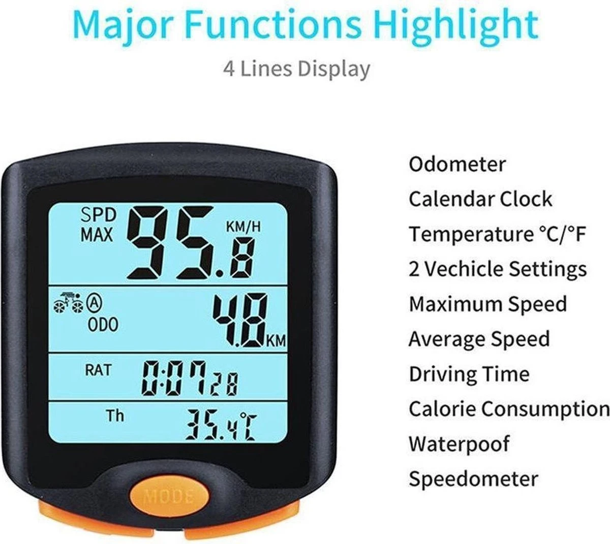 DrPhone FCS2 Fietscomputer - Draadloze Fiets Snelheidsmeter - Kilometerteller - Spatwaterdicht - 4-Lijn Display Met Achtergrondverlichting - Zwart - Afbeelding 2