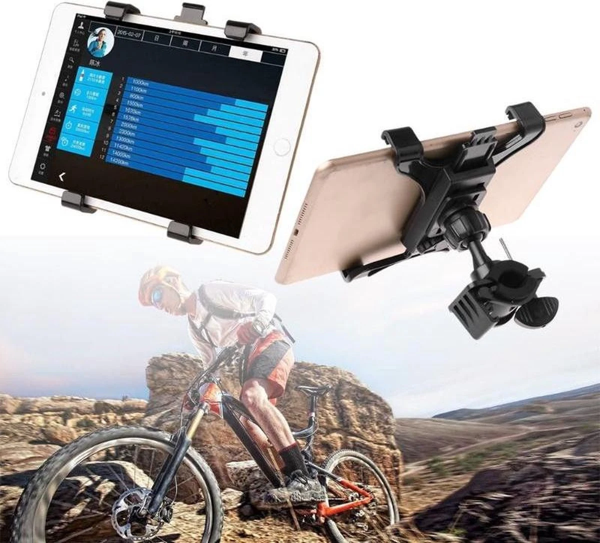 Merkloos Universele Tablet - IPad Houder Fiets - Home Trainer - Fietsstuur - Standaard - Steun - Zwart - Tot 11 Inch - Afbeelding 4