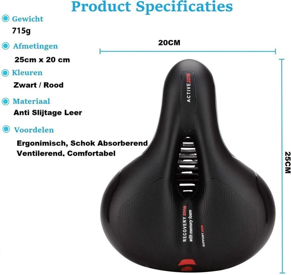 Voltano Fietszadel Met Gelpads - Zwart/Rood - Uitsparing - Zadelvering - Unisex - Incl. Gratis Zadelstrop - Afbeelding 12