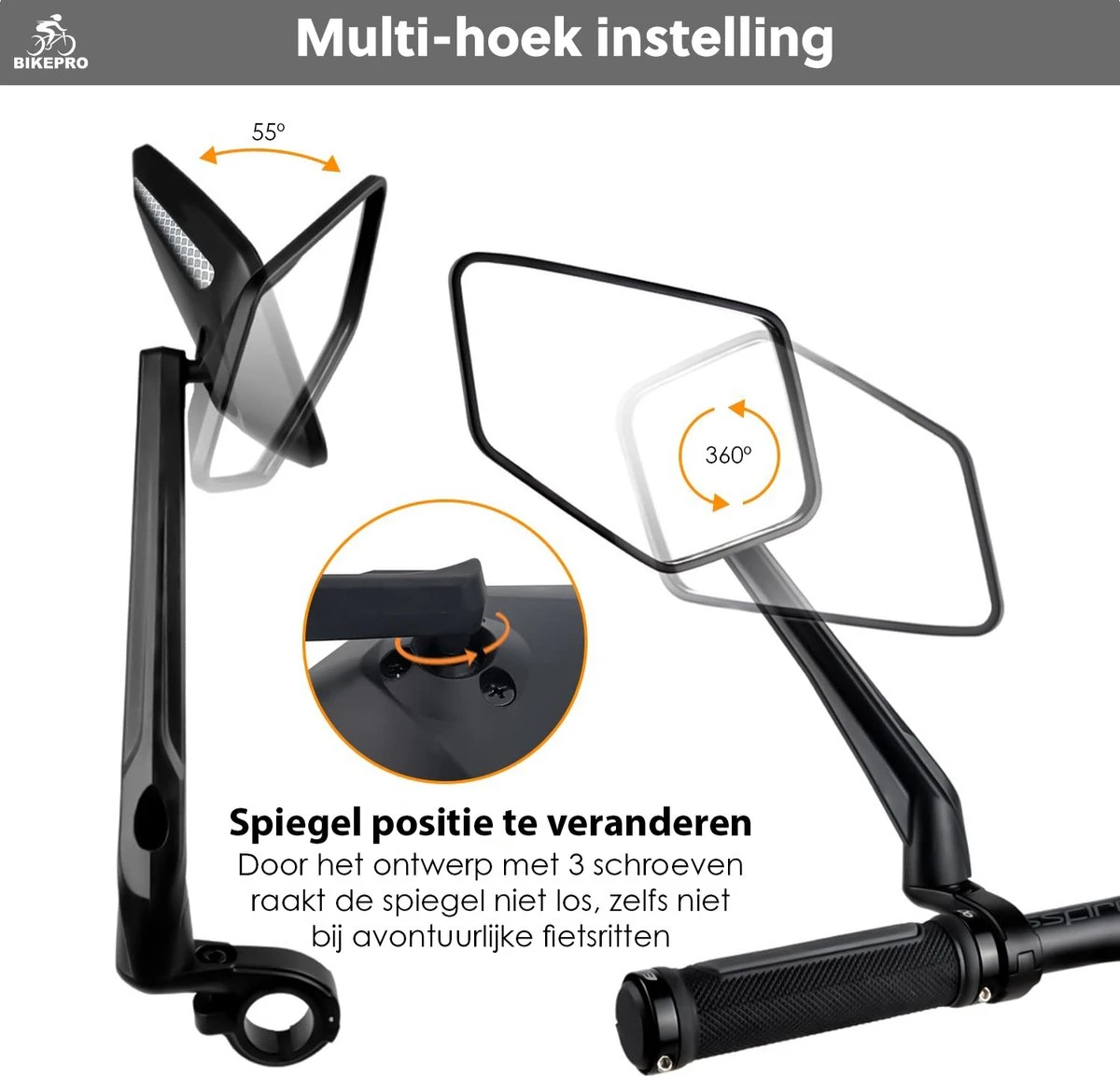 BikePro Verstelbare Fietsspiegel Set Incl. Reflectoren - Links & Rechts - Achteruitkijkspiegel Fiets - Geschikt Voor E Bike, Fiets, Motor, Step - Afbeelding 2