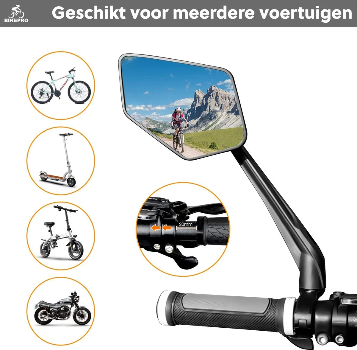 BikePro Verstelbare Fietsspiegel Set Incl. Reflectoren - Links & Rechts - Achteruitkijkspiegel Fiets - Geschikt Voor E Bike, Fiets, Motor, Step - Afbeelding 5