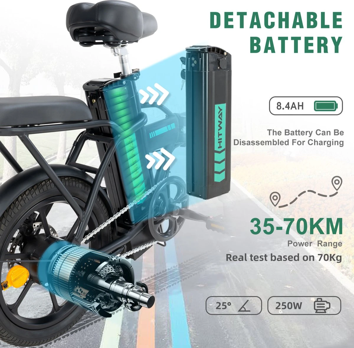 HITWAY Elektrische Fiets Met 36V 7.5Ah Verwijderbare Batterij, Bereik Tot 75 Km Lange Afstand Elektrische Fiets 16 Inch, 250W Achtermotor E-Citybike Holland Bike - Afbeelding 2