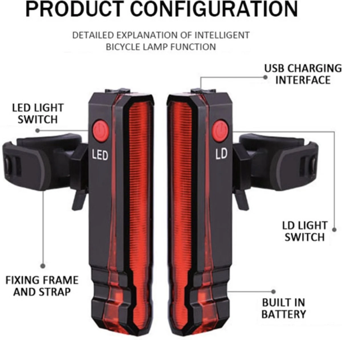 Merkloos Fietsverlichting USB Oplaadbaar Fiets Achterlicht LED Laser - Afbeelding 2