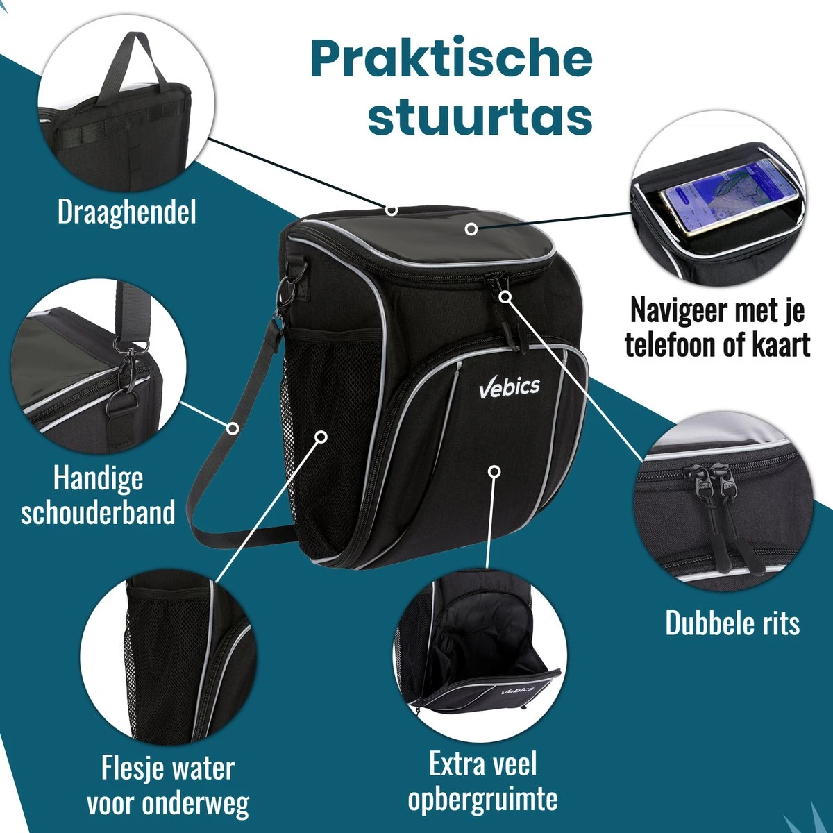 Vebics® Waterbestendige Stuurtas Fiets - Afneembaar - Elektrische Fiets - Racefiets - Telefoonhouder Fiets - Afbeelding 2