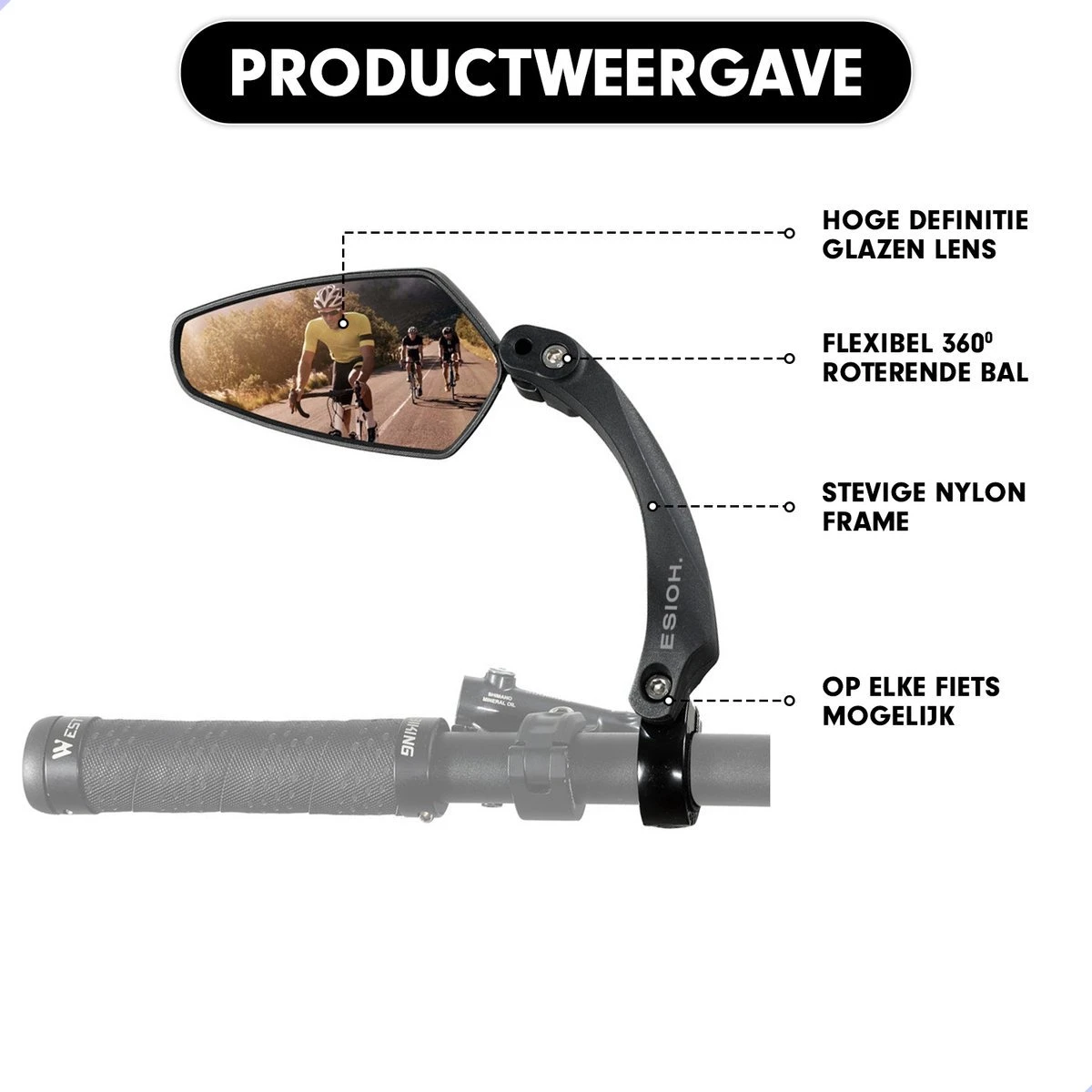 Esioh® Verstelbare Fietsspiegel Rechts Ebike Op Stuur - Achteruitkijkspiegel Fiets – Zijspiegel Fiets 360 ° Draaibaar - Zwart - Afbeelding 5
