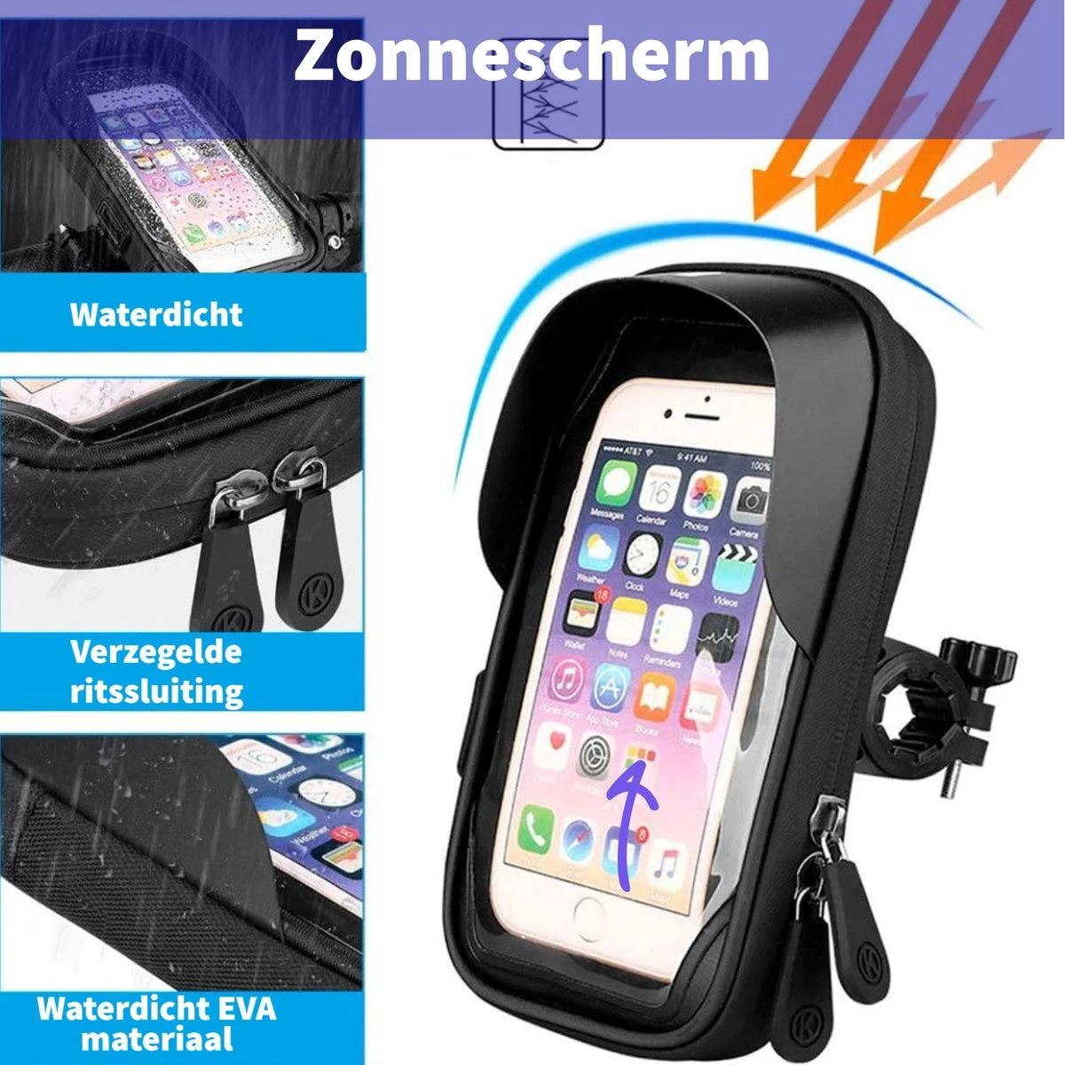 Telefoonhouder Fiets - GSM Houder Fiets - Telefoonhouder Fiets Waterdicht - 360° Rotatie - Zwart - Afbeelding 2