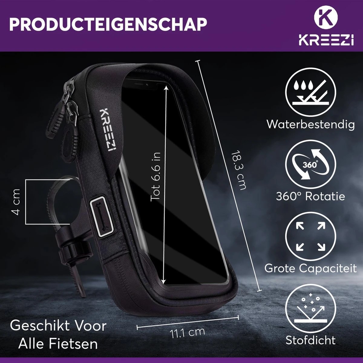Kreezi Z3 Mobiele Telefoonhouder Fiets Waterdicht - Zwart - Ook Geschikt Voor Scooter & Motor - Fietshouder - GSM Houder - Afbeelding 6