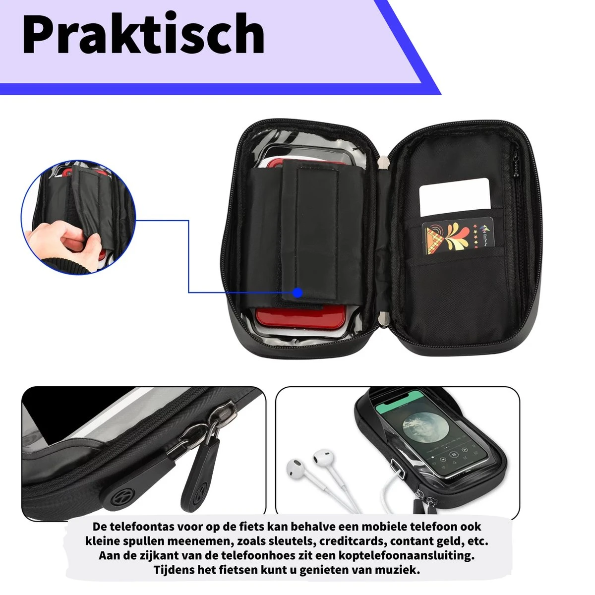 Universele Telefoonhouder PHR-BH1 Voor Motor, Fiets En Scooter - Waterdicht - Opbergvak - Fietstas - GSM Houder Voor Apple, Samsung, Huawei, Xiaomi T/m 7 Inch - Afbeelding 2