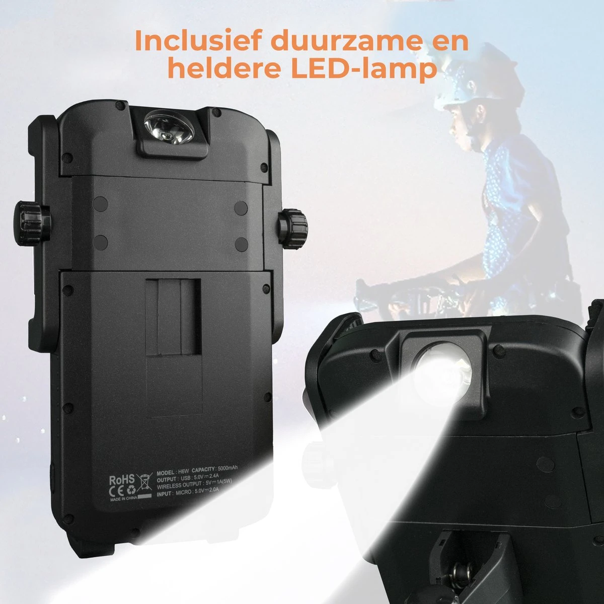 FONSAFE 3 In 1 Telefoonhouder Fiets Met Powerbank En LED Lamp - Universeel Schokbestendig - Fietslamp - Powerbank 5000 MAh – Zwart - Afbeelding 4