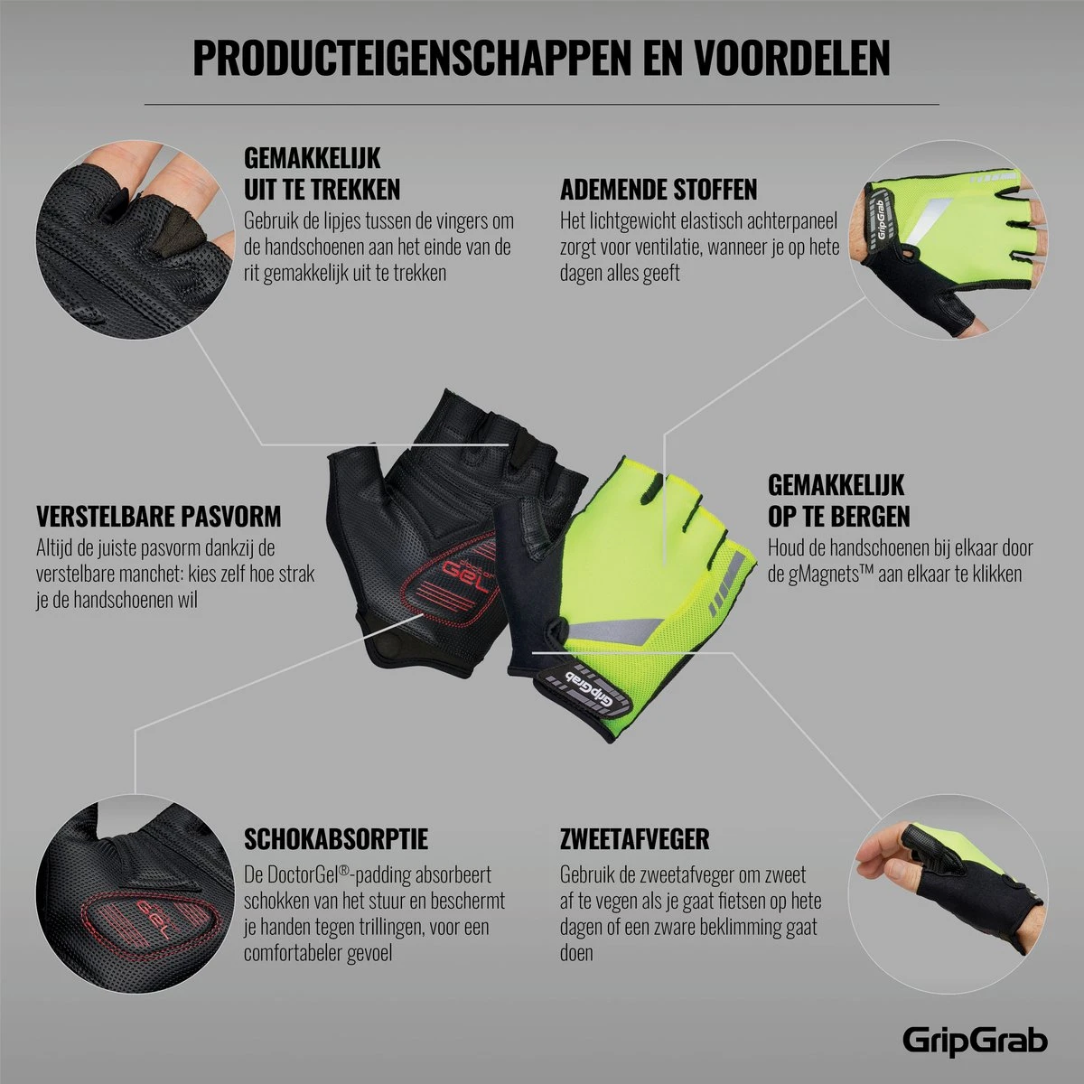 GripGrab - ProGel Padded Korte Vinger Zomer Fietshandschoenen - Geel Hi-Vis - Unisex - Maat L - Afbeelding 3