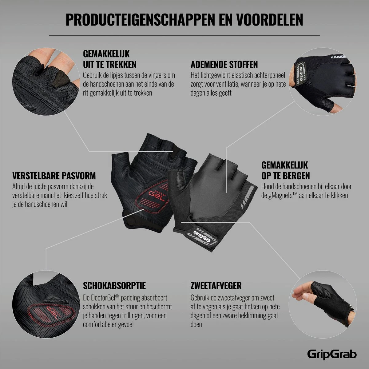 GripGrab - ProGel Padded Korte Vinger Zomer Fietshandschoenen - Zwart - Unisex - Maat L - Afbeelding 3