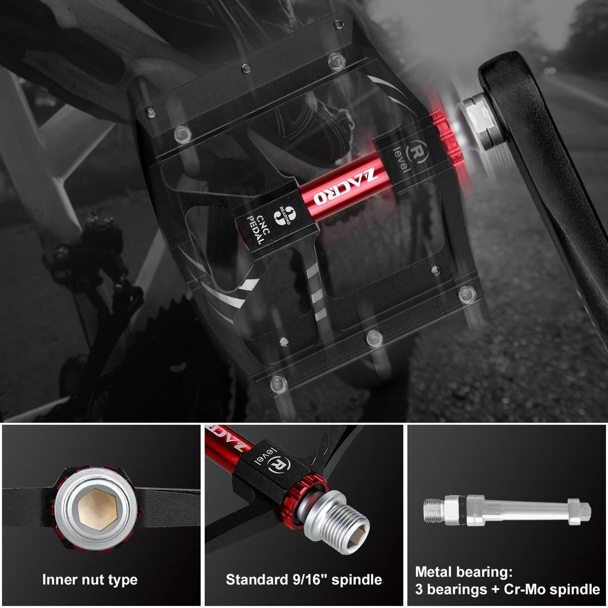 Zacro Mountainbike Pedalen - Aluminium Antislip Duurzame Fietspedalen - Ultrasterk Kleurrijk - CNC Gefreesd 3 Lager Anodiserende Fietspedalen - Voor BMX/MTB Racefiets 9/16" - Afbeelding 4