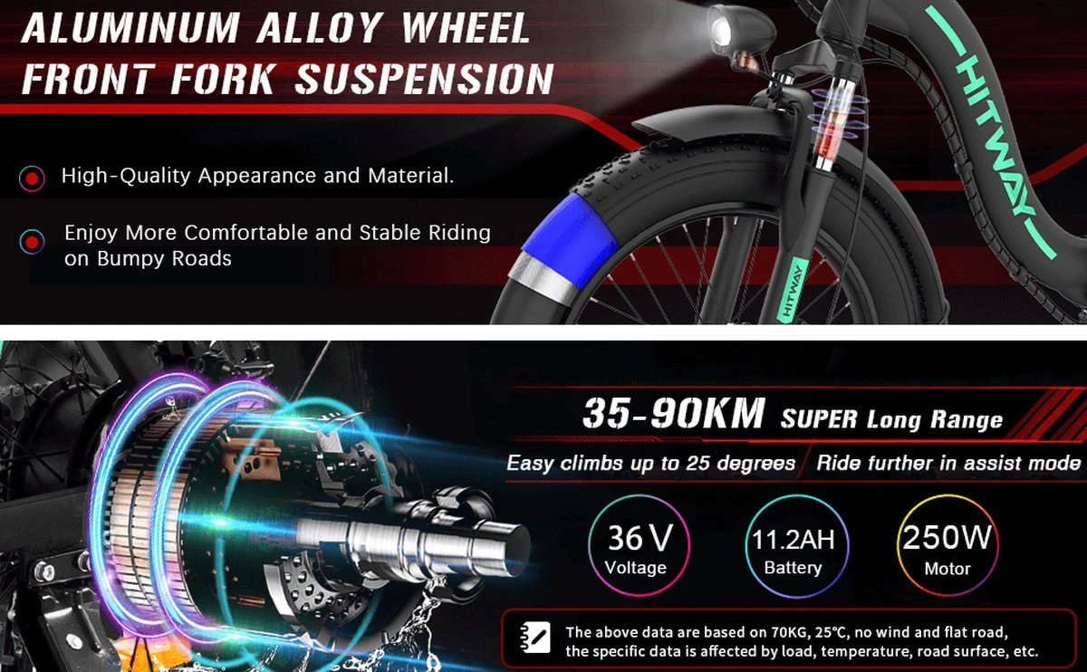 HITWAY E Bike Fat Tire Urban Opvouwbare Elektrische Fiets, 20 Inch, 250W/36V/11,2Ah Batterij Voor Heren En Dames - Afbeelding 7