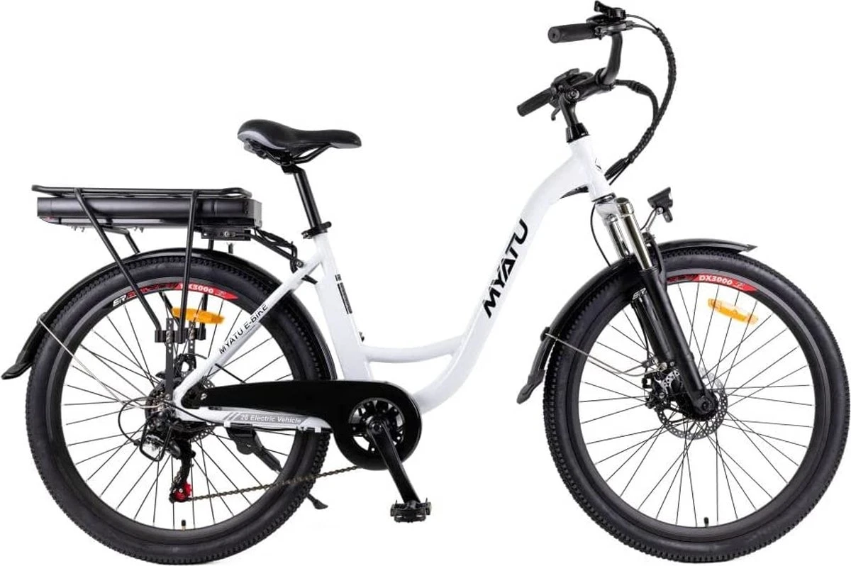 Myatu E-Bike Heren En Dames Lage Instap Met 45 Cm Aluminium Frame, 6 Versnellingen, 250 Wh Afneembare Lithium Batterij 40-80 Km Range, Trekking Ebike Met 1.95 X 26 Inch Wiel (Wit, Urban)