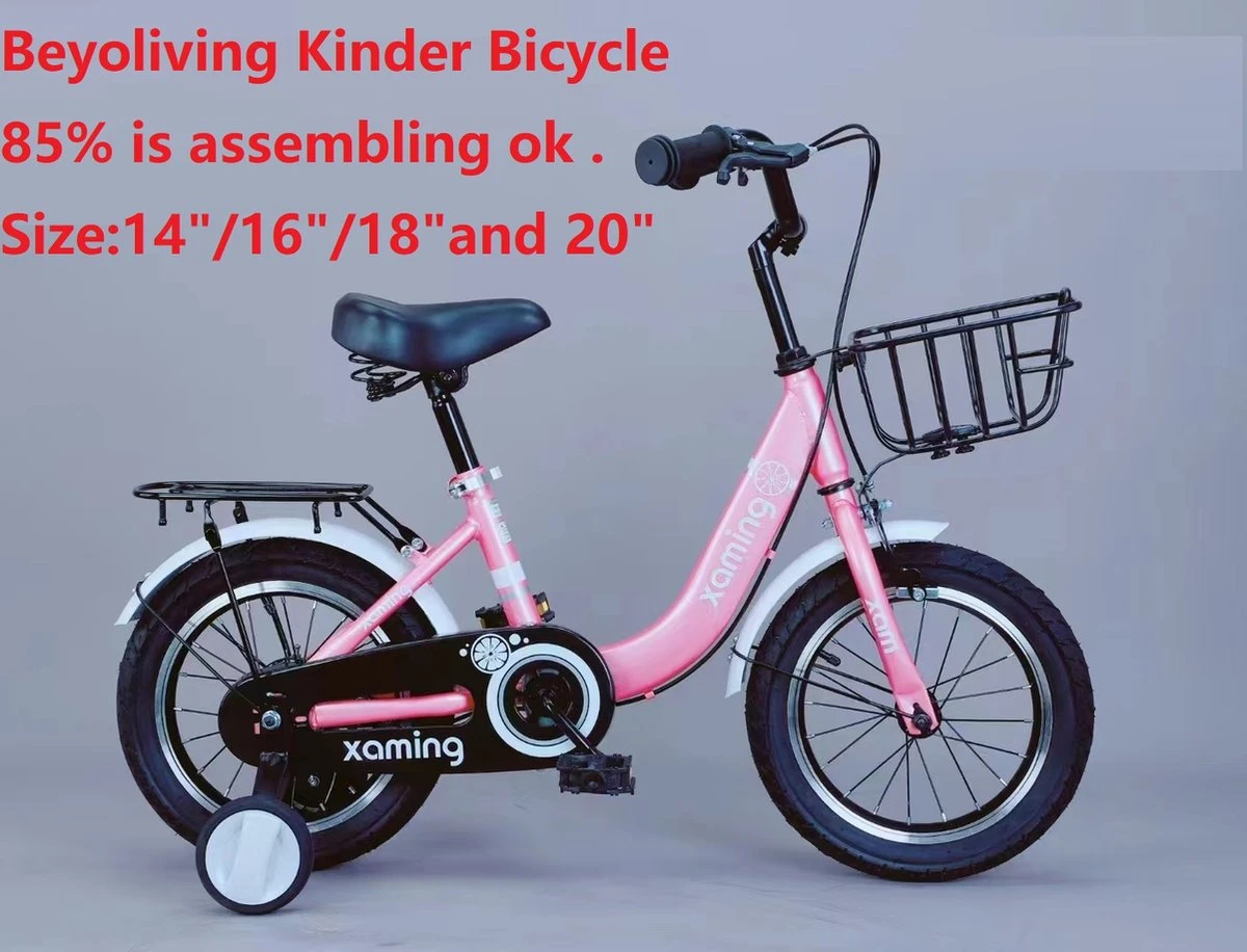 Kinderfiets -14 Inch Kinderfiets -vanaf 3-5 Jaar Jongens En Meisjes Fietsen -Terugtrap -Rem -Stabilisatoren(2 Zijwieltjes)-Mandje - Achterbank-de Bel-Roze