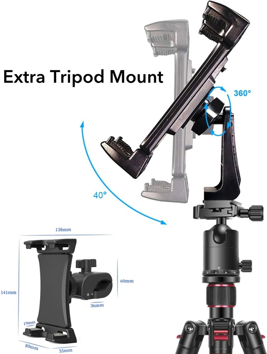 Tablet Houder Hoofdsteun - Tripod BS® - Geschikt Voor Smartphone IPad Telefoonhouder – Verstelbaar Voor Fiets Auto En Motor – Incl 2 Gratis Mounts - Afbeelding 5